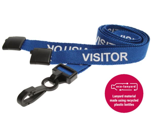 15mm Recycled Blue Visitor Lanyards with Breakaway and Plastic J Clip (Pack of 100)