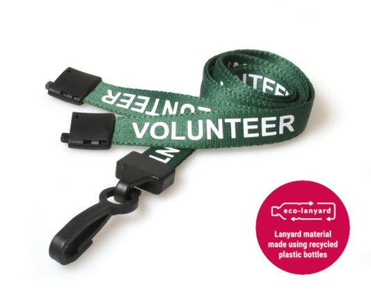 15mm Recycled Green Volunteer Lanyards with Plastic J Clip (Pack of 100)