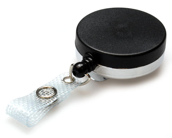 Heavy Duty 41mm Diameter Badge Reel with Black Plastic Front & Chrome Back  Belt Clip  80cm Nylon Cord and Re-inforced Strap Cli