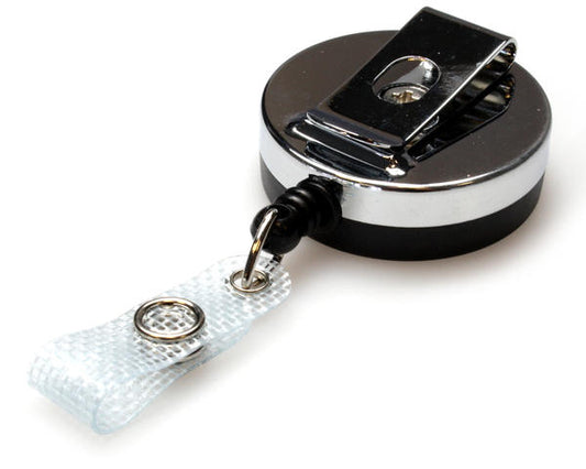 Heavy Duty 41mm Diameter Badge Reel with Black Plastic Front & Chrome Back  Belt Clip  80cm Nylon Cord and Re-inforced Strap Cli
