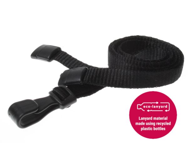 10mm Recycled Plain Black Lanyards with Plastic J Clip (Pack of 100)