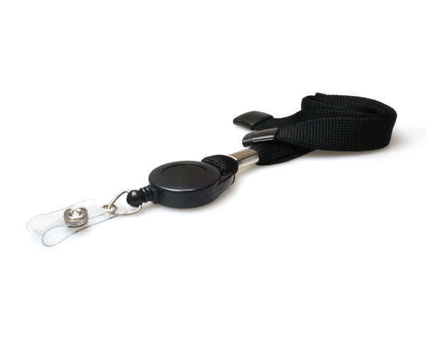 16mm Black Tubular Flexiweave Breakaway Lanyards with attached Mini Yoyo Card Reel & Clear Vinyl Strap (Pack of 50)