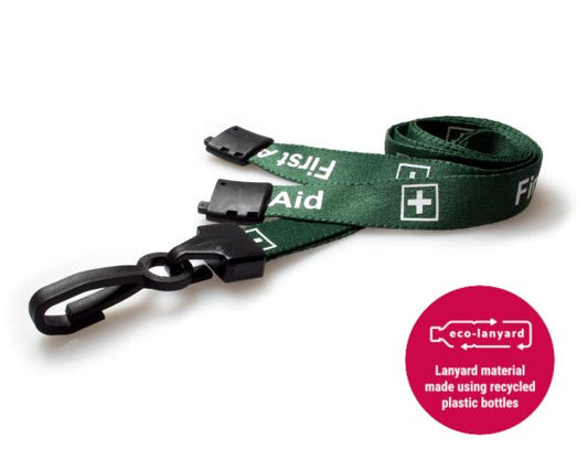 15mm Recycled Green First Aid Lanyards with Plastic J Clip (Pack of 100)