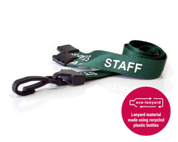 15mm Recycled Green Staff Lanyards with Plastic J Clip (Pack of 100)