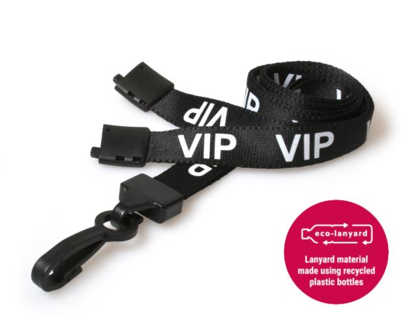 15mm Recycled Black VIP Lanyards with Plastic J Clip (Pack of 100)