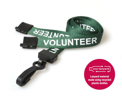 15mm Recycled Green Volunteer Lanyards with Plastic J Clip (Pack of 100)