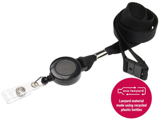 15mm Recycled Plain Black Lanyards with Card Reels (Pack of 50)