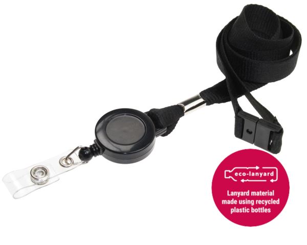 15mm Recycled Plain Black Lanyards with Card Reels (Pack of 50)