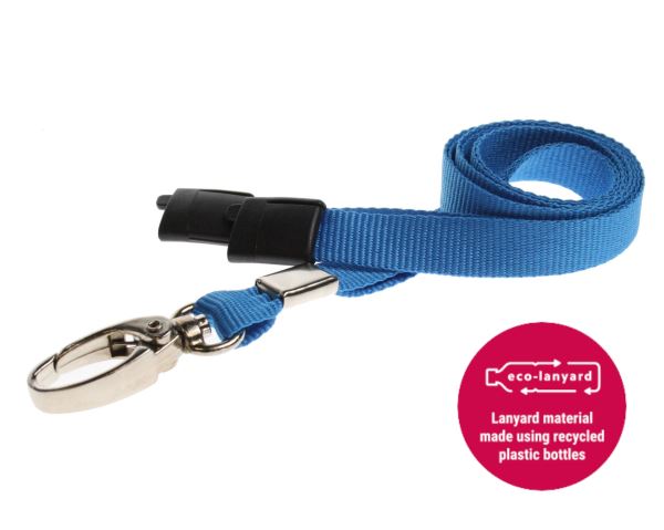 10mm Recycled Light Blue Lanyards with Breakaway and Metal Lobster Clip (Pack of 100)